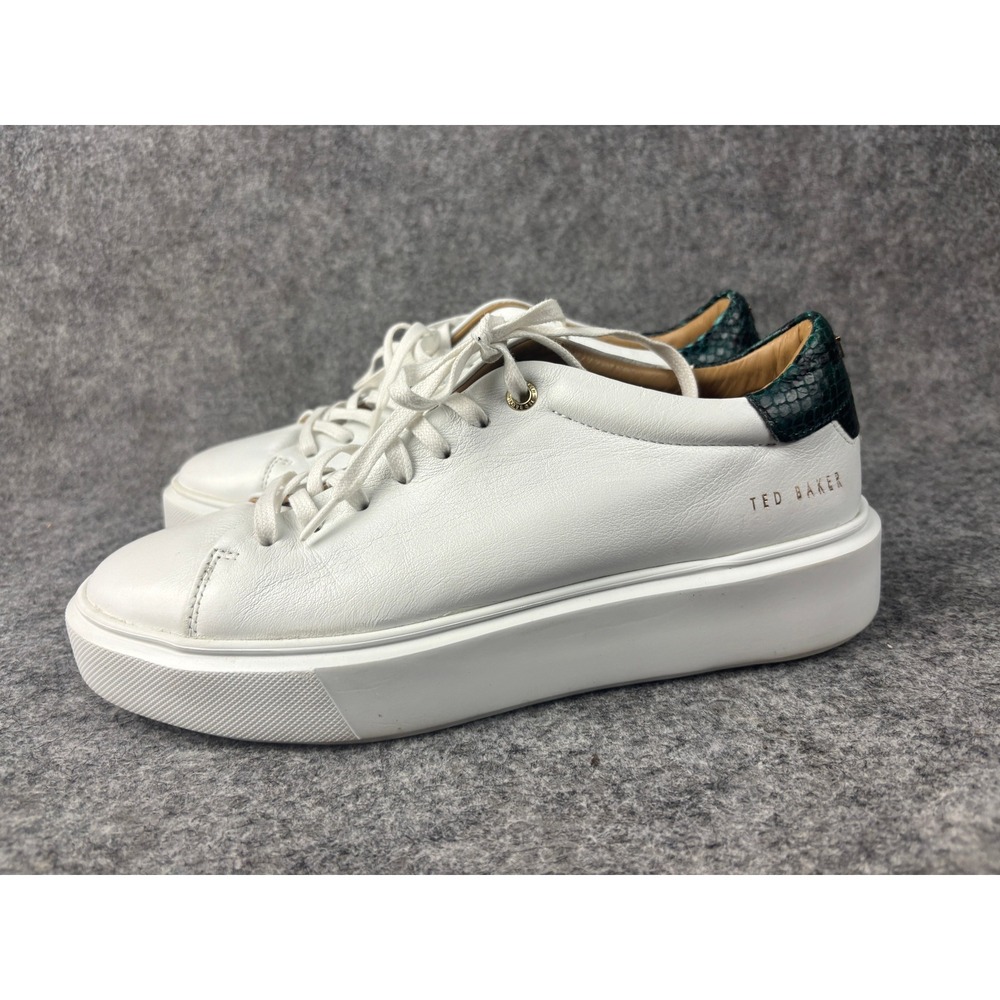 Ted Baker Pixie Sneakers Womens 9 White Green Snakeskin Platform Leather Low Top